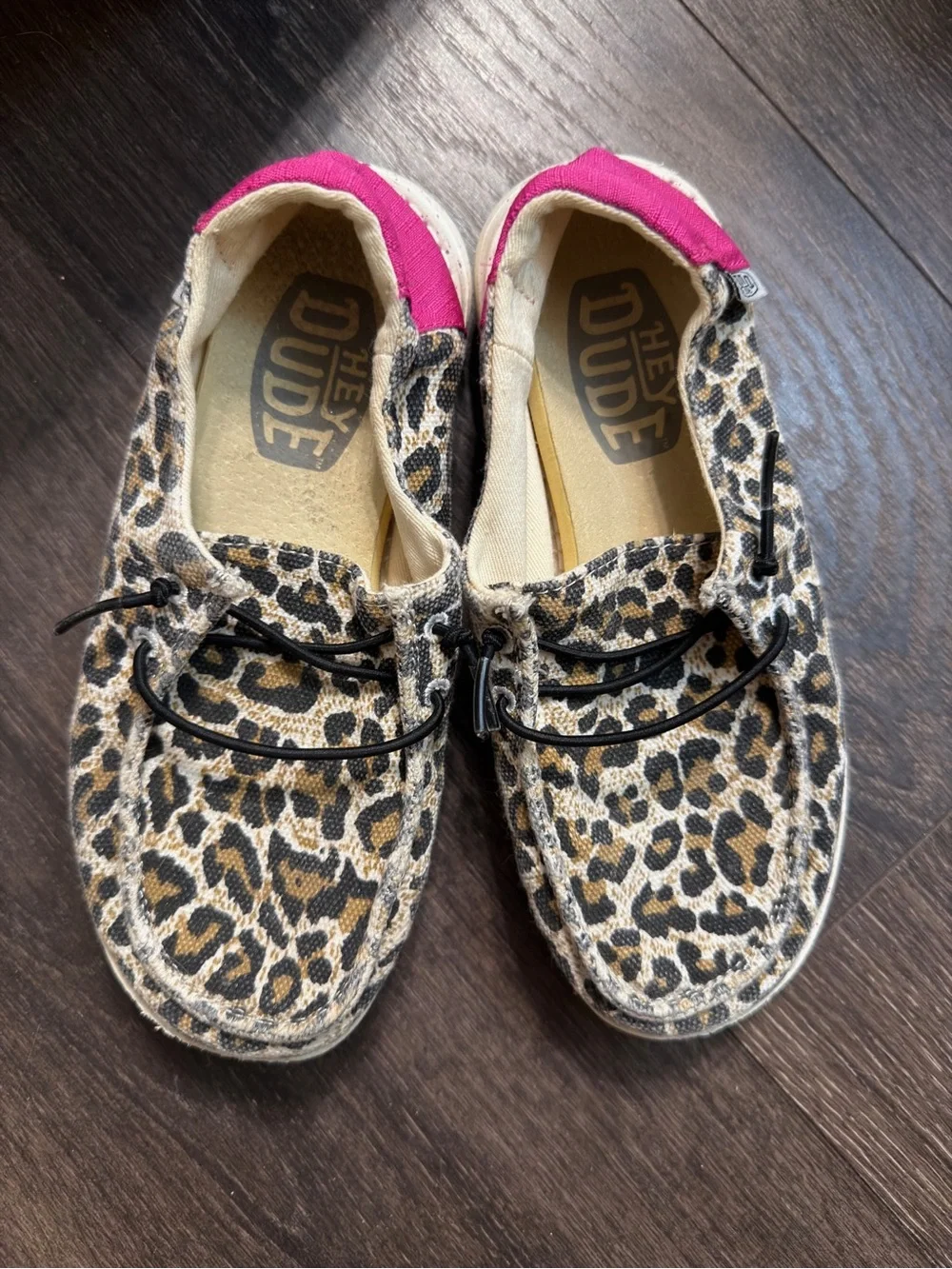 Hey Dude Kids Leopard Print Moccasins with Pink Heel Tab